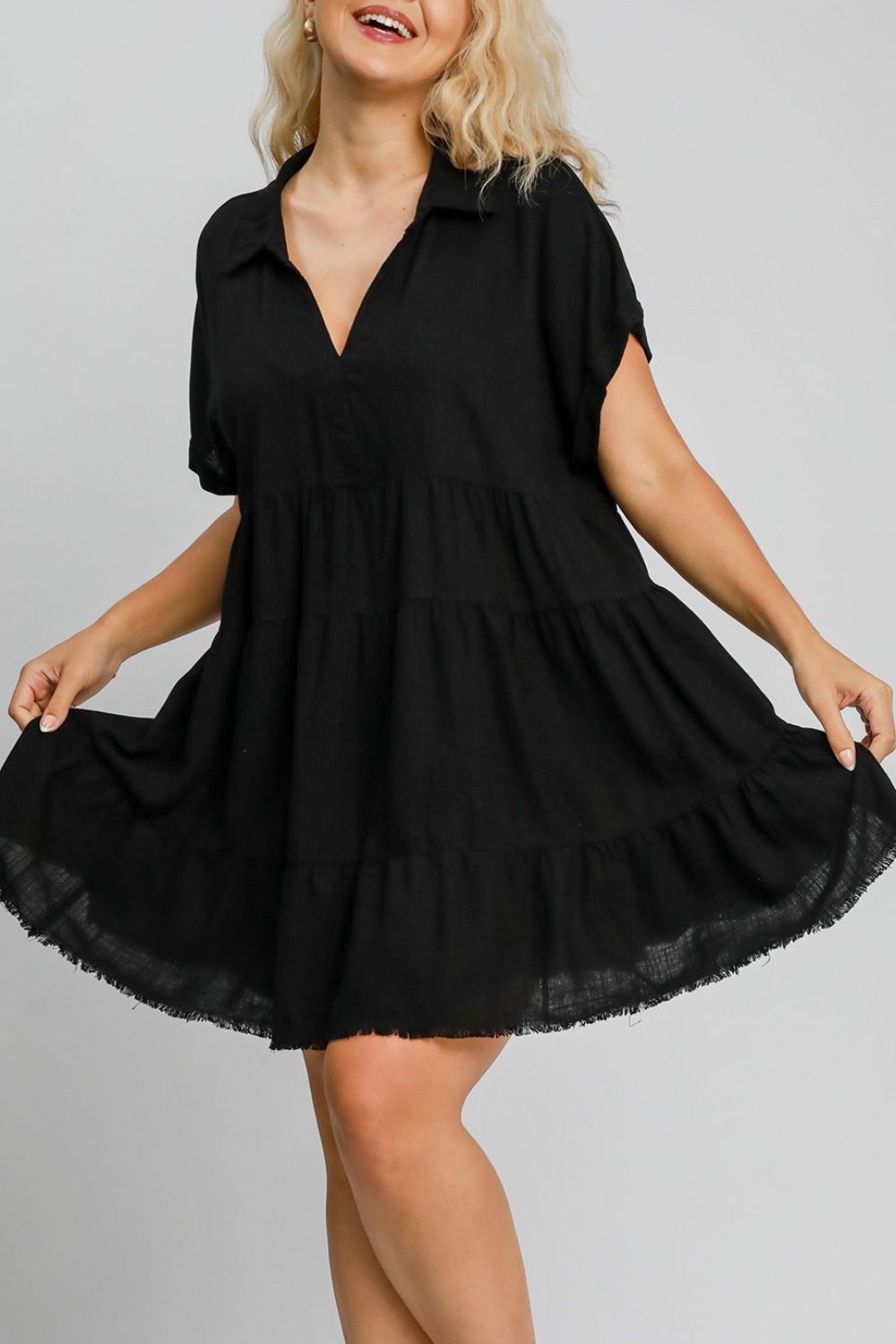 Umgee Mini Dress Black Ruffle Raw Hem Folded Short Sleeve Tiered 6f0372a0-73a2-426a-9a59-5a1fd7525e91-Max Trendsi
