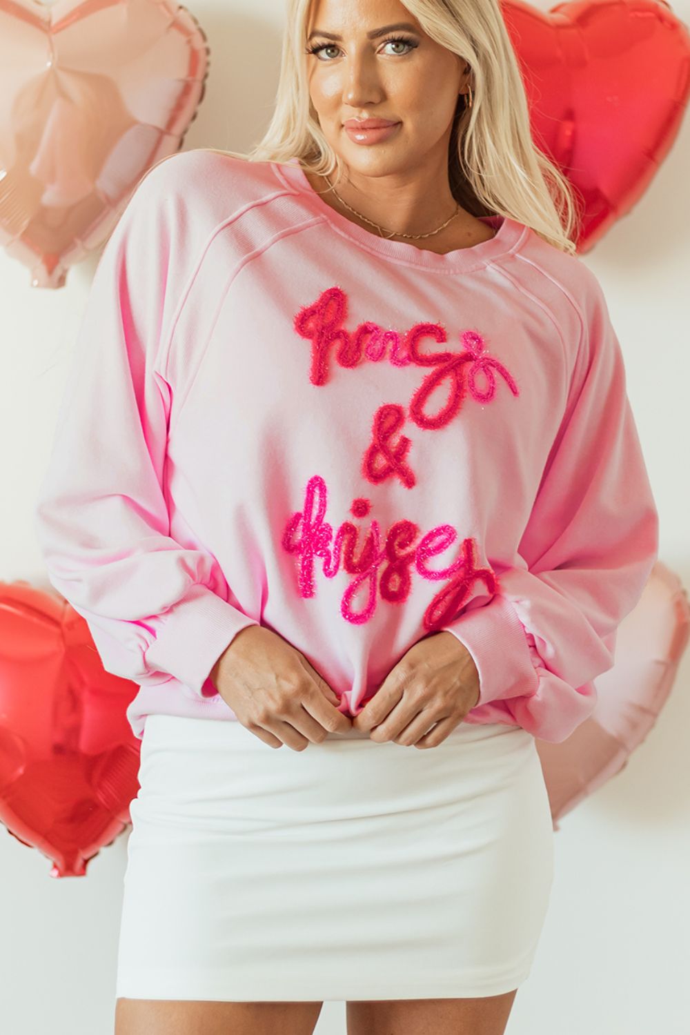 Valentine’s Day Pink Sweatshirt HUG AND KISSES Embroidery Round Neck Tops