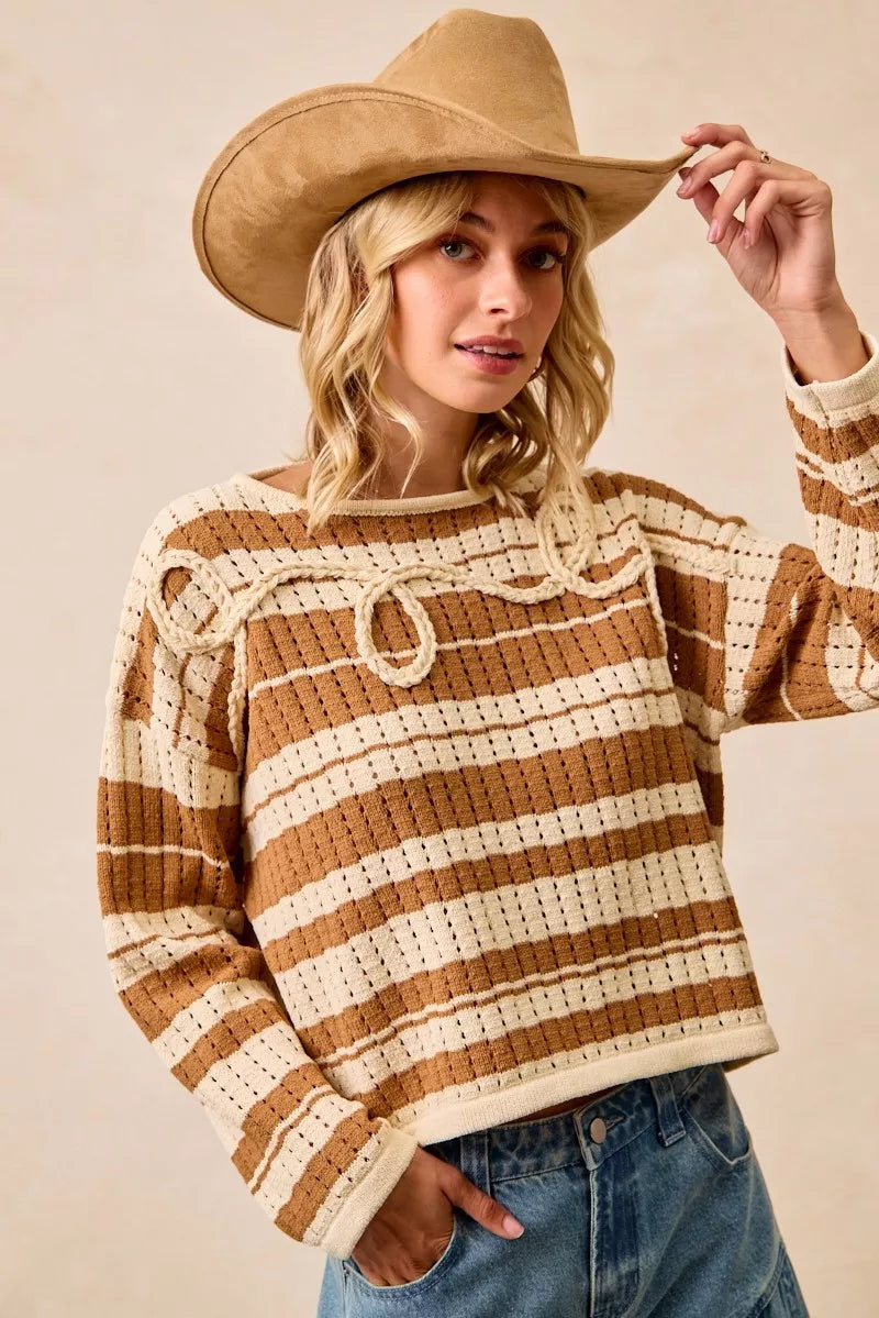 BiBi Womens Brown Striped Open Knit Sweater Top with Front Braided Detail 6f0d2249d88a4fd48352b6a6ae14e9e1-Max-Origin Trendsi