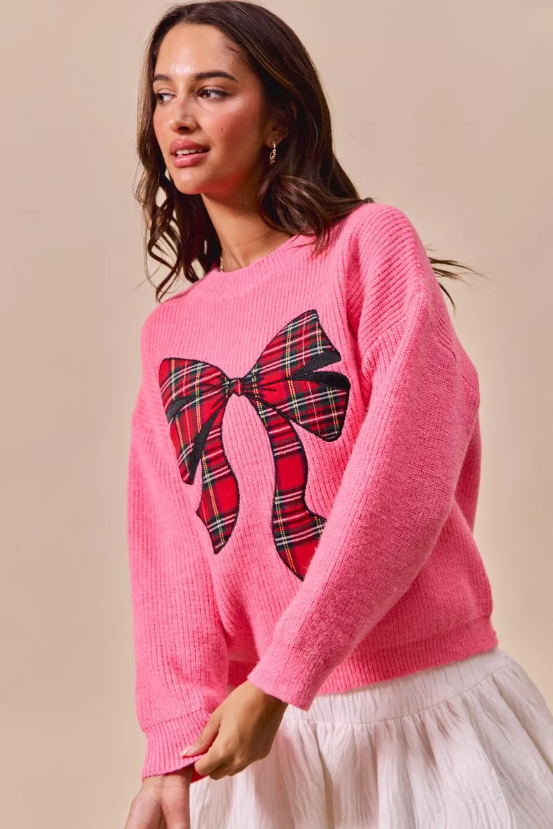 SO ME Womens Christmas Holiday Sweater Pink with Checker Plaid Ribbon 6f10d59398a043c3953eacad4a46403b-Max-Origin Trendsi