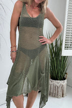Crochet Knit Cover-Up Dress with Pocket and Cutout Details