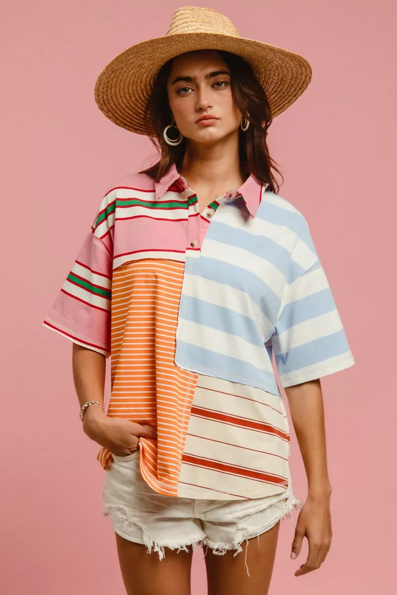 BiBi Women Shirt Mix And Match Stripe Color Block Short Sleeve Top 6f1c30a1a73a48d89d078735ff2d226f-Max-Origin Trendsi
