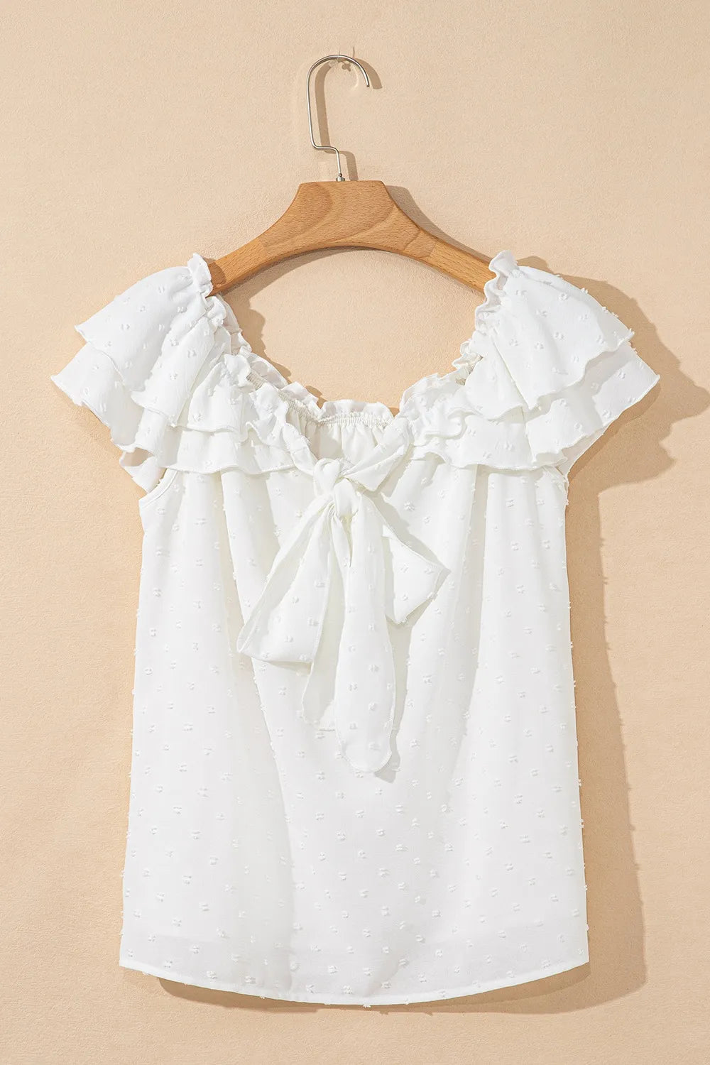 Women's Blouse Swiss Dot White Off Shoulder Bow Ruffle Knotted Detail 6f262751-3e27-4fd4-8626-9d51d1a515b8-Max-Origin Trendsi