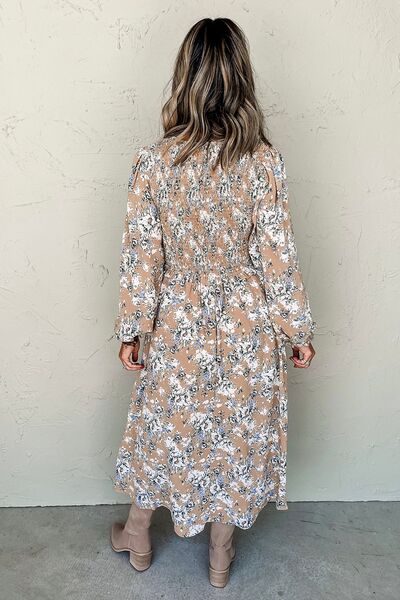 Floral Midi Dress V-Neck Long Puff Sleeve Mocha Flower Print 6f26d813-b4dd-4b56-9754-24b6849d4c50-Min Trendsi