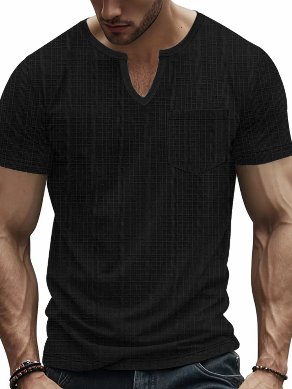 Men's T-Shirt Textured Notched Short Sleeve Pocketed Summer Top Black 6f291bd4b9f2418da44a9b9f2d3b4529-Max-Origin Trendsi