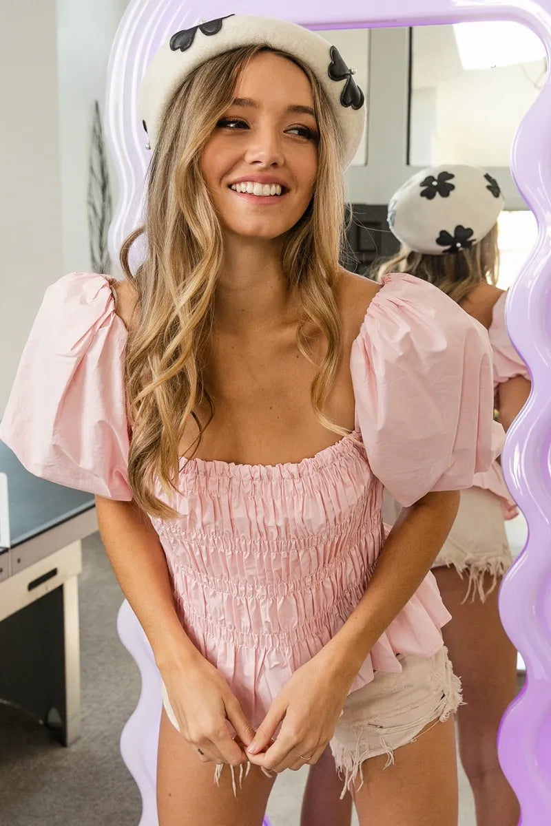 BiBi Peplum Top Puff Short Sleeve Square Neck Smocked Light Pink Blouse 6f2a5c7e006c4ccc9712f5e7e7ecc88b-Max-Origin Trendsi