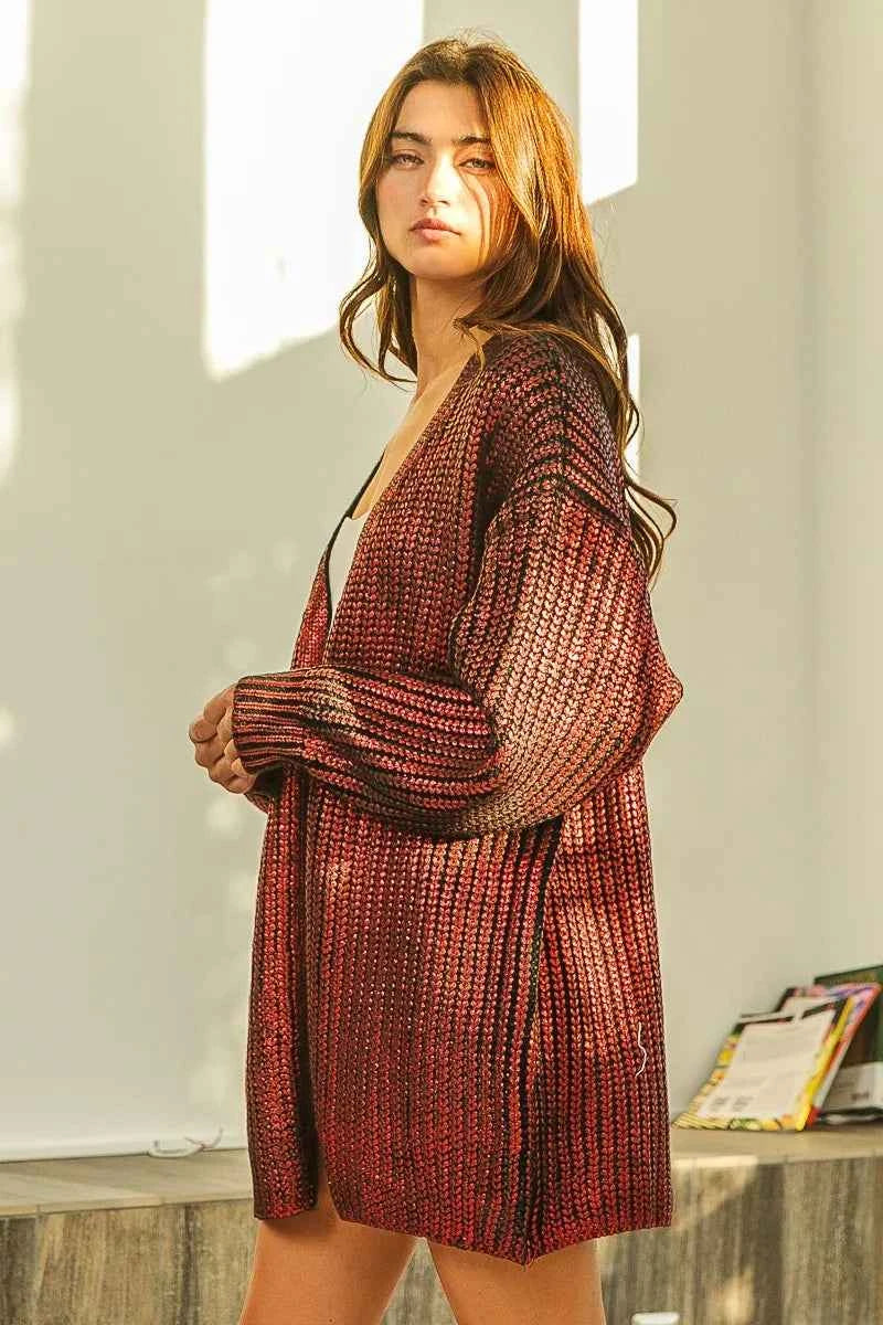 BiBi Metallic Knit V-neck Open Sweater Cardigan