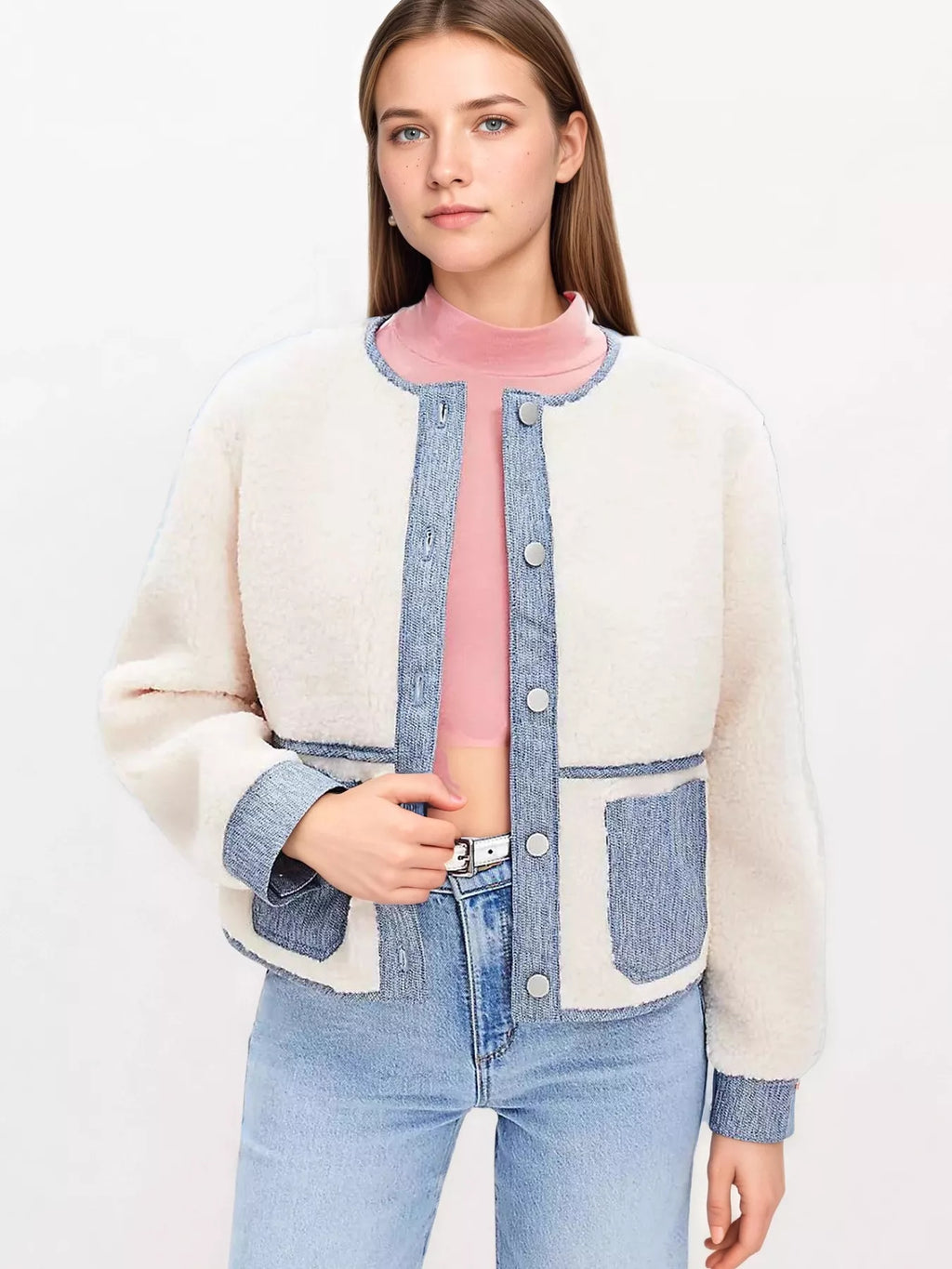 Women's Teddy Jacket White with Denim Contrast Trim Thick Outwear 6f385b4226a845e6b82e3f0a19acb744-Max-Origin Trendsi
