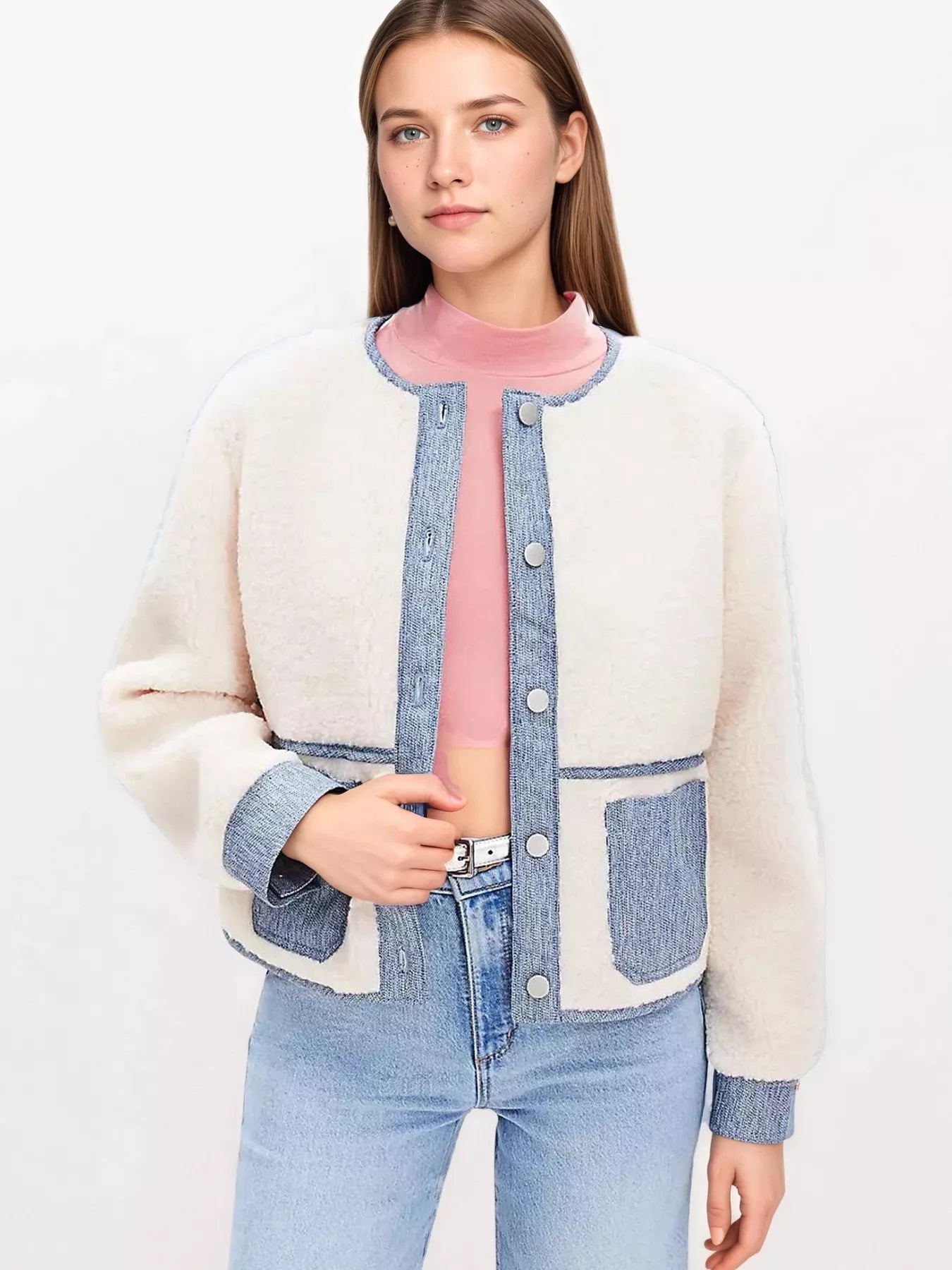 Women's Teddy Jacket White with Denim Contrast Trim Thick Outwear 6f385b4226a845e6b82e3f0a19acb744-Max-Origin Trendsi