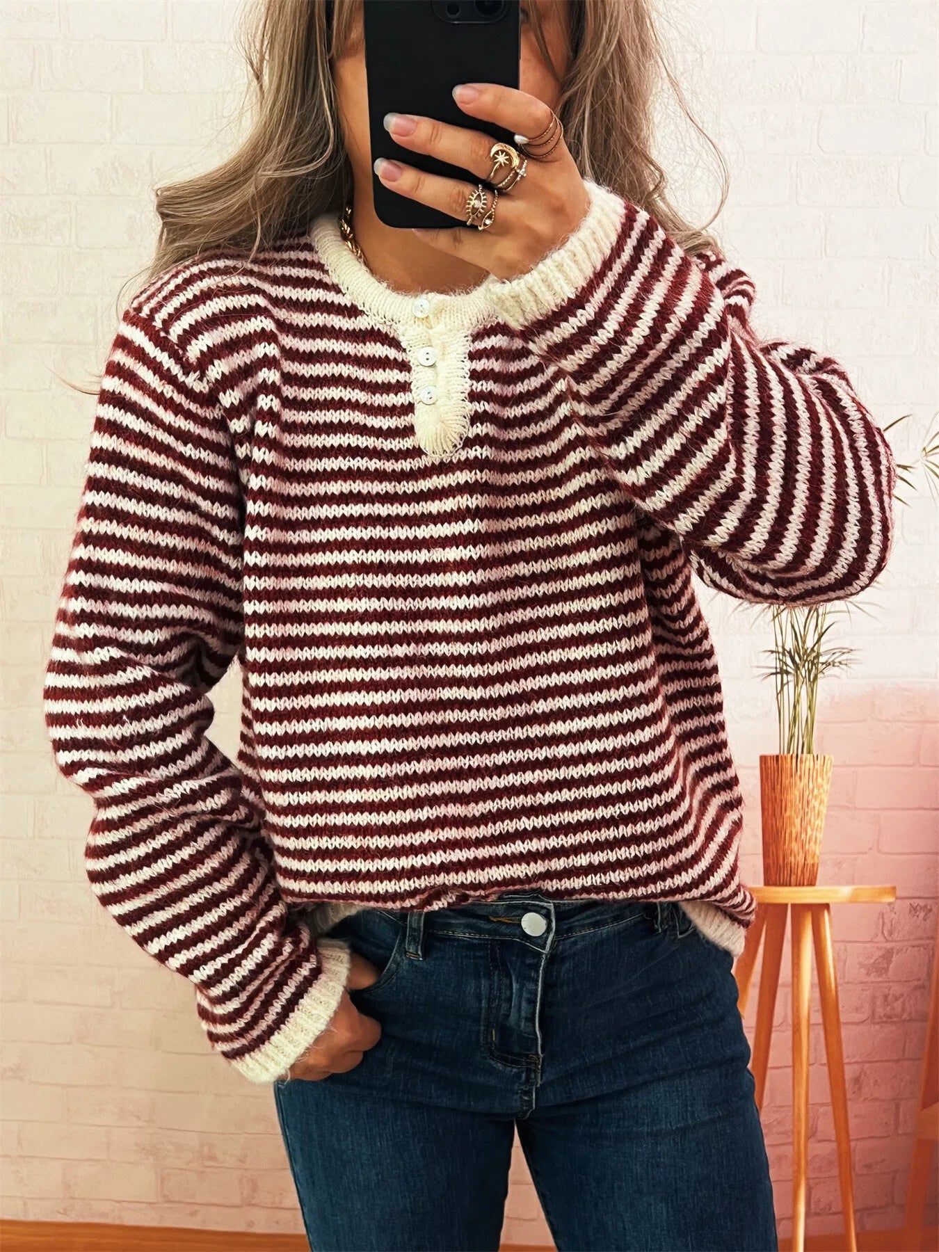 Women's Sweater Striped Button Detail Long Sleeve Pullover Burgundy One Size 6f3c5ad542014b8c93933d4e46646c19-Max-Origin Trendsi