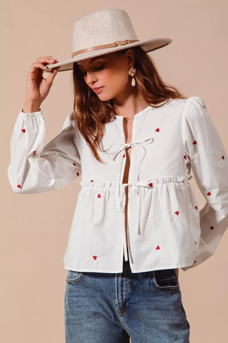 SO ME Women Blouse Front Tie Heart Embroidered Top With Puff Long Sleeve 6f3d71a8d4e64a69876b783cb417e474-Max-Origin Trendsi