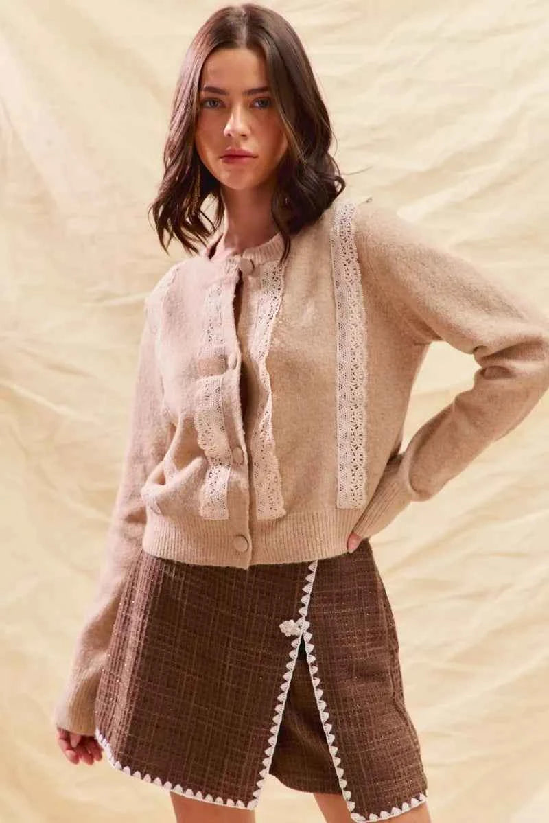SO ME Women Cardigan Sweater Beige Knit Front Lace Trim Button Lonf Sleeve 6f46e4cfa3ed4ad6bd167bd7304f3016-Max-Origin Trendsi