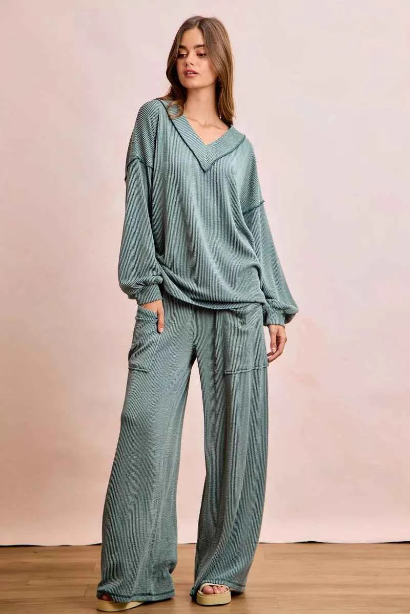 BiBi Outfit Set Dark Sage Cord Rib Contrast Stitching V-Neck Top and Pants 6f4d3173d37c495882d4b5b60dffedc2-Max-Origin Trendsi