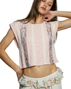 POL Floral Print Patch Round Neck Cropped T-Shirt with Lace Trim