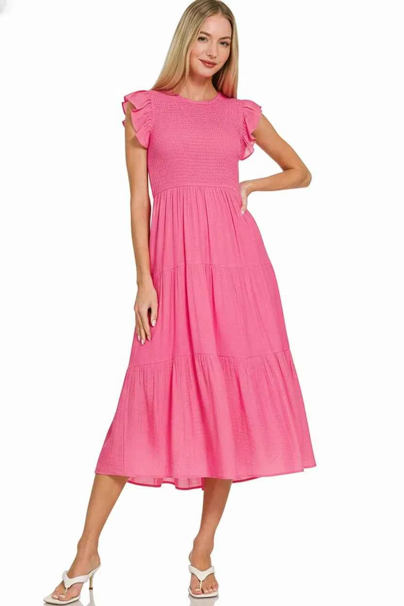 Zenana Midi Dress Fuchsia Pink Woven Smocked Ruffle Short Sleeve 6f4fb3b2-1e97-4780-a3dd-bf4462804d05-Max-Origin Trendsi