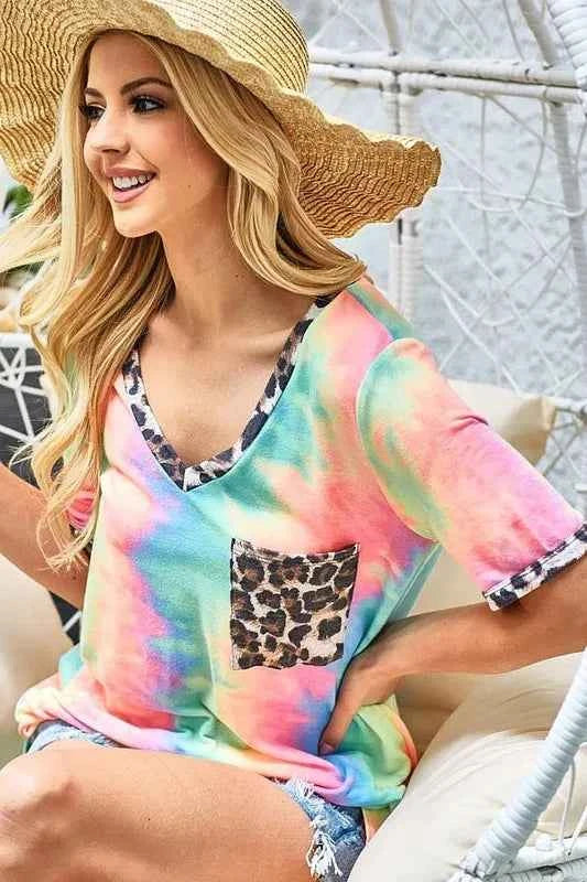 BiBi Women T-shirt Tie Dye Pastel Print V Neck Top With Front Patch Pocket 6f69737f0db44a7ca713af1404e9de82-Max-Origin Trendsi