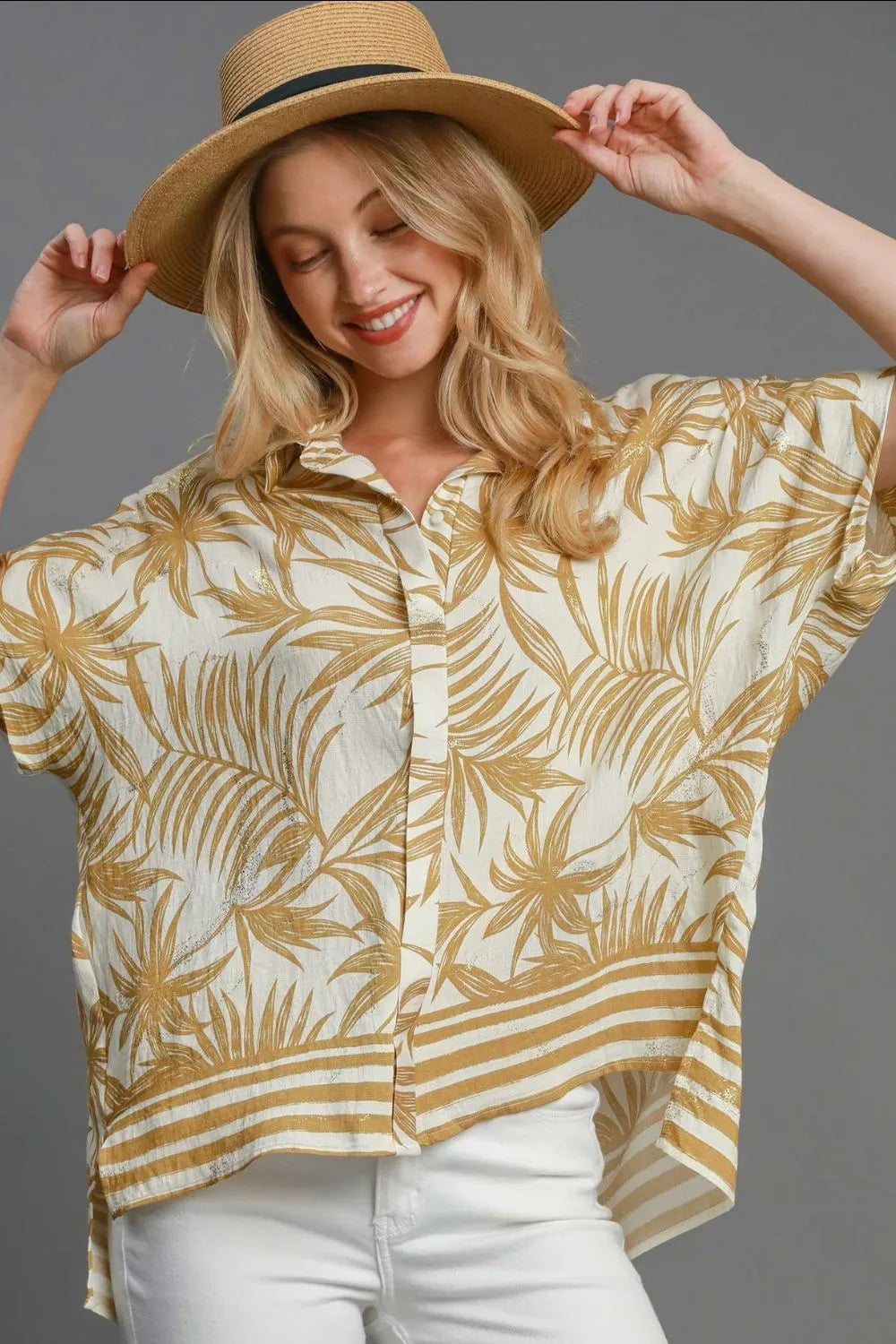 Umgee Shirt Floral Tropical Print Mustard Top Short Sleeve Side Slit Mustard 6f6f1e0f-aac5-4e23-8f6b-880ea48e3843-Max-Origin Trendsi