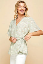 Lime 'N' Chili Wrap Blouse Ditsy Print V-Neck Short Sleeve 6f7395615d17455888b66e7698823c9c-Max-Origin Trendsi