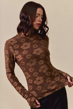 SO ME Womens Blouse Brown Floral Jacquard Casual Tops Stretched 6f76c06314c54998b27fa755e9715c02-Max-Origin Trendsi