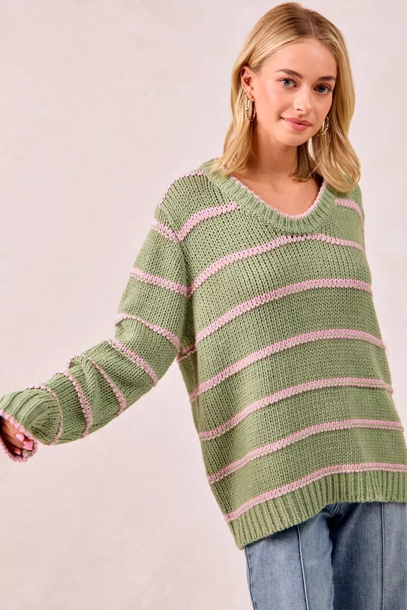 BiBi Womens Sweater Striped Sage Green Long Sleeve Oversized Pullover 6f808e8108404e2d82c0f19bfa10244e-Max-Origin Trendsi