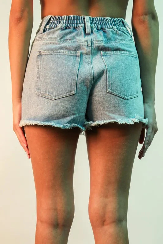 VERY J Denim Shorts Light Blue Raw Hem Pocketed Contrast Washed