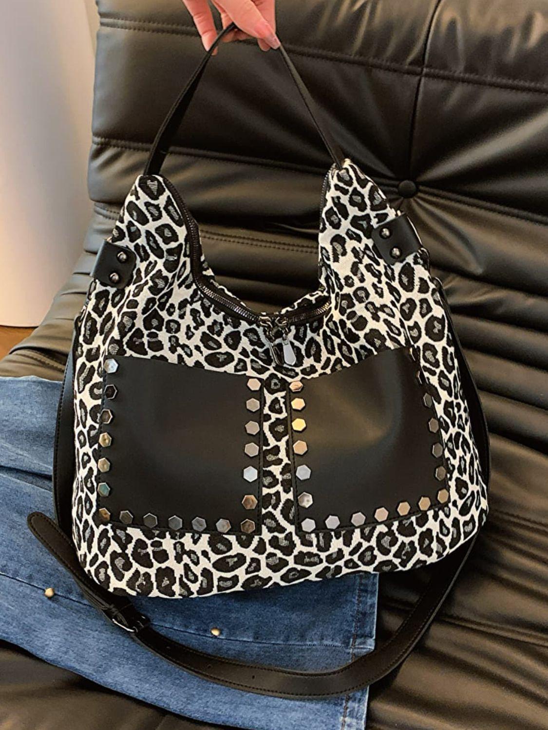 Leopard Polyester Large Shoulder Bag with Stud Beaded Leather Pockets