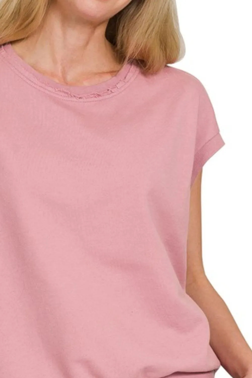 Zenana Cotton T-Shirt French Terry Round Neck Cap Sleeve Light Rose 6fac2283-392e-483e-87b0-4ad41a0504a1-Max-Origin Trendsi