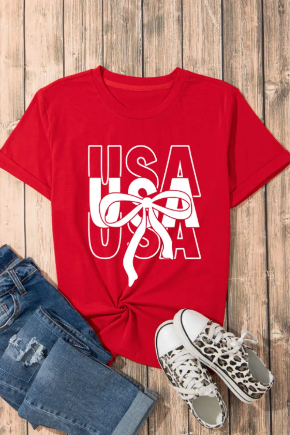 Women's T-Shirt Patriotic USA Bow Graphic Print Red Short Sleeve Top Tees 6fae9150-203b-468b-9bfa-fc411d0db691-Max-Origin Trendsi