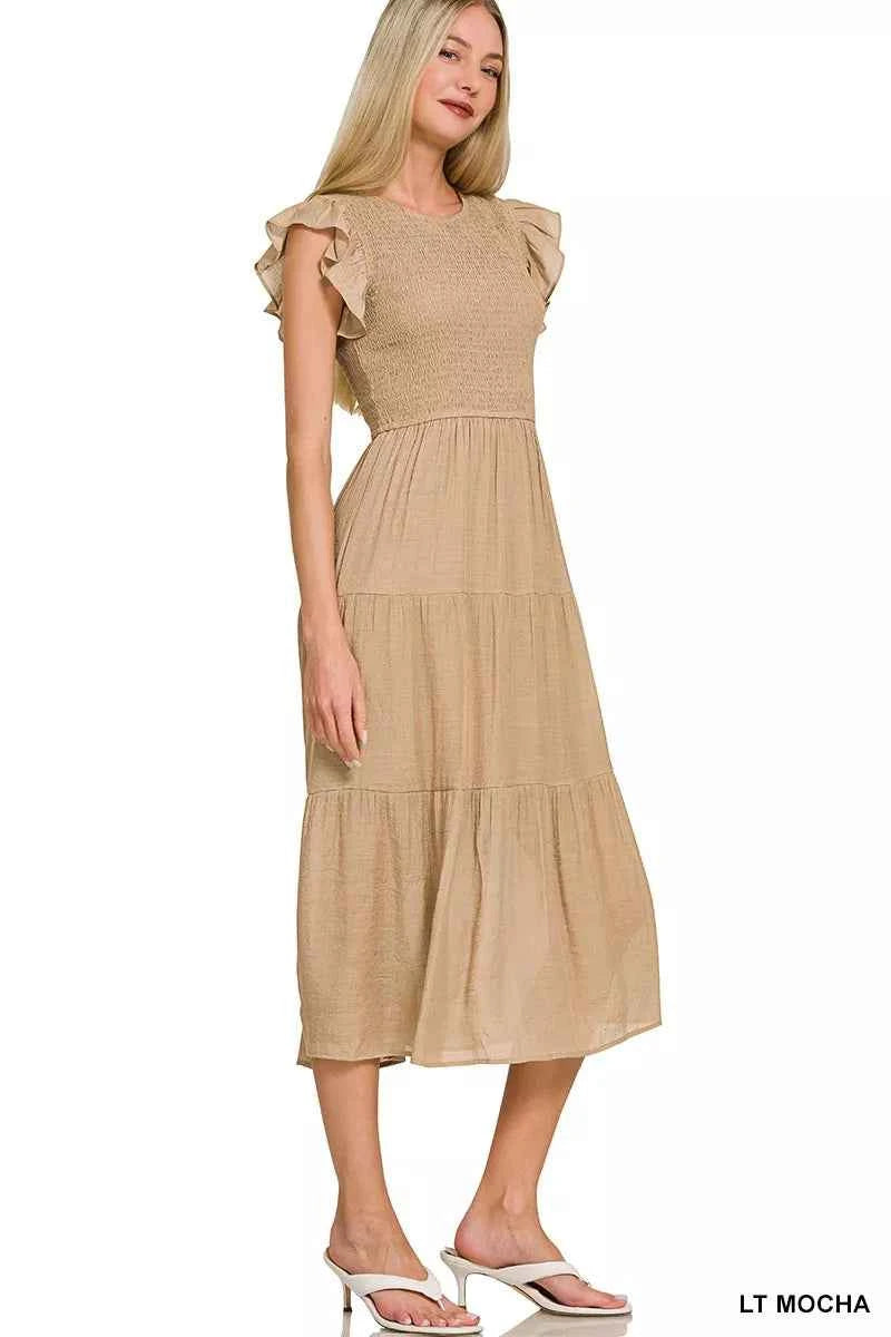 Zenana Woven Midi Dress Light Mocha Smocked Ruffle Short Sleeve 6fb41ad5bda2434586c484098262b760-Max-Origin Trendsi