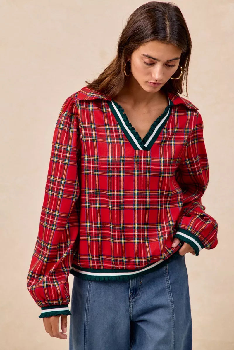 BiBi Christmas Womens Blouse Red Plaid Collared Top with Ruffled Detail 6fb6ea046c36479db8bf51f7db53e414-Max-Origin Trendsi