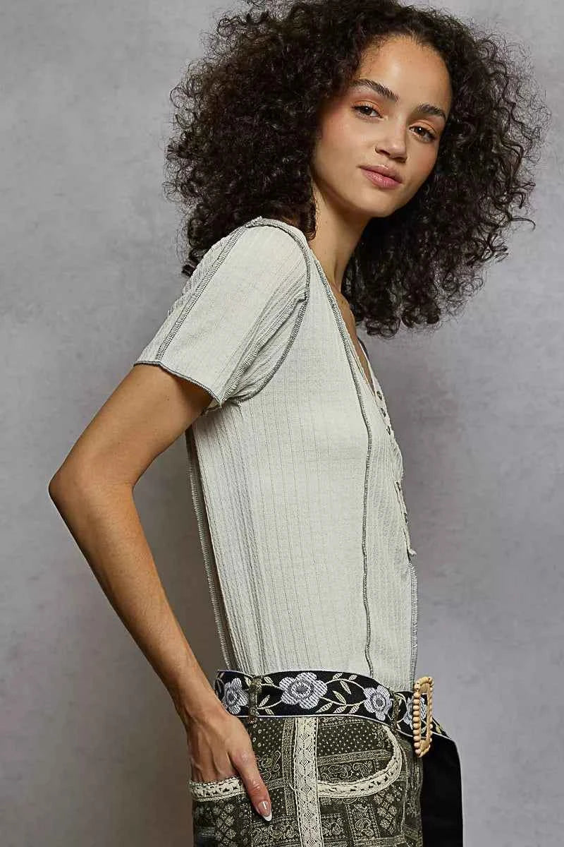 POL Women T-shirt V-Neck Short Sleeve Top with Stitch Seam Detail 6fb82c08-1bef-4409-b9c0-10627c74dc96-Max-Origin Trendsi