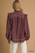 Umgee Womens Blouse Ruffle Shoulder Long Sleeve Red Bean Top 6fcdc1ac-b648-472b-9b1e-cf616a531098-Max-Origin Trendsi