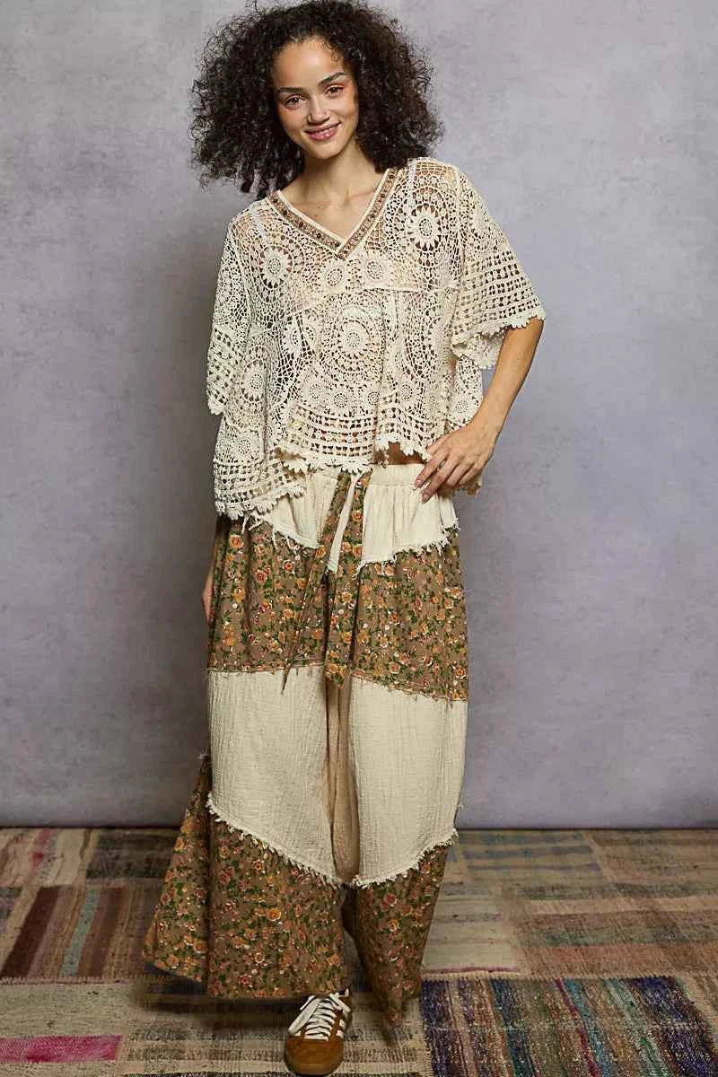 POL V-Neck Crochet Top with Scalloped Hem