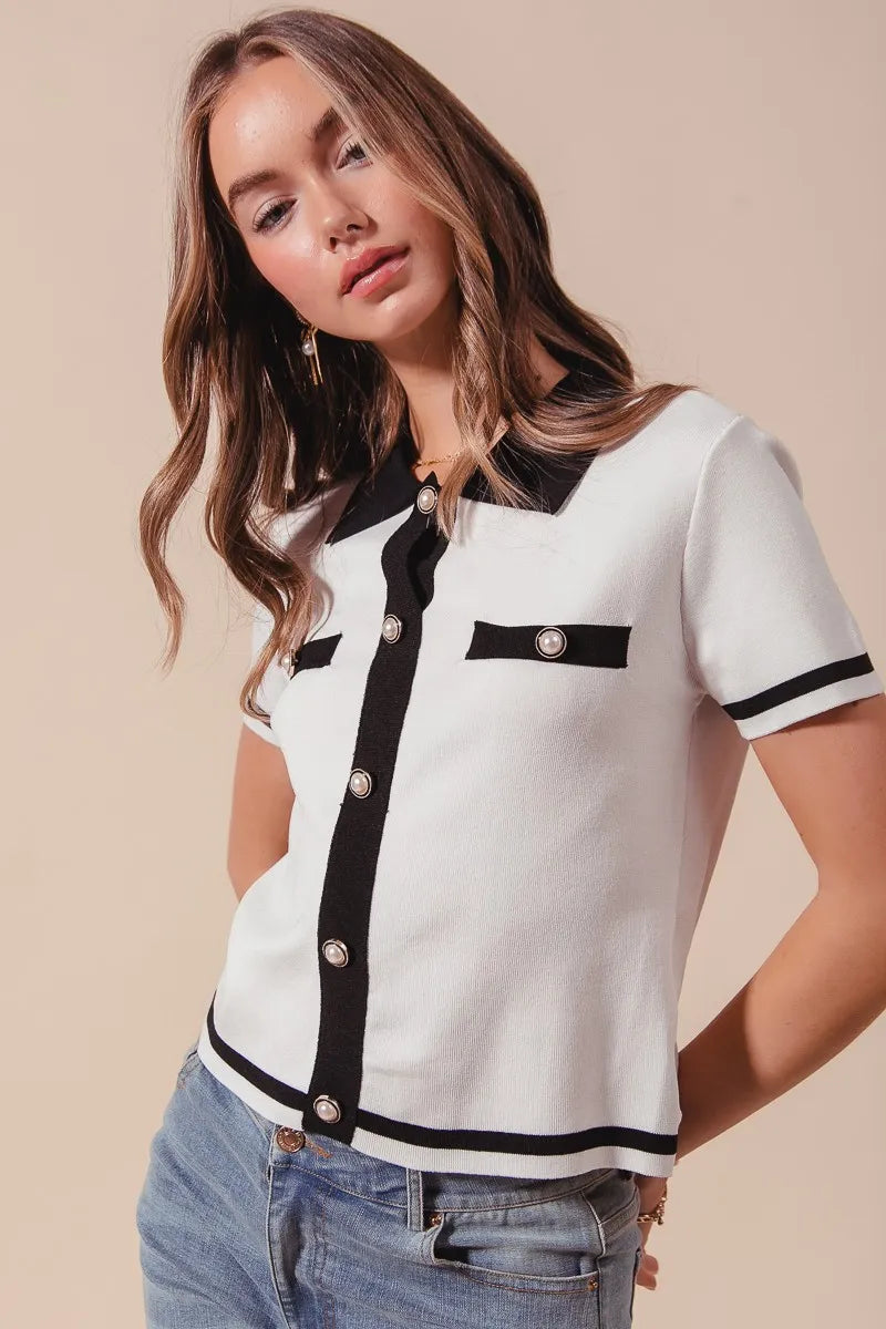 SO ME Sweater Shirt Top Classic Button Up Knitted Short Sleeve Ivory Black 6fd2246203024983980a9acac3530f41-Max-Origin Trendsi