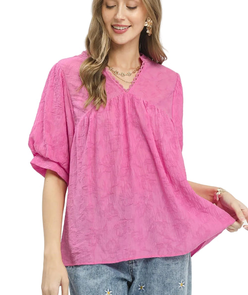 Umgee Textured Lace-Trimmed V-Neck Bohemian Blouse