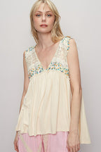 POL Tank Top Cream V Neck Sleeveless Lace Floral Ruffle Blouse Cream 6fde07af-678a-4510-9f88-c21d6ea537d5-Max Trendsi