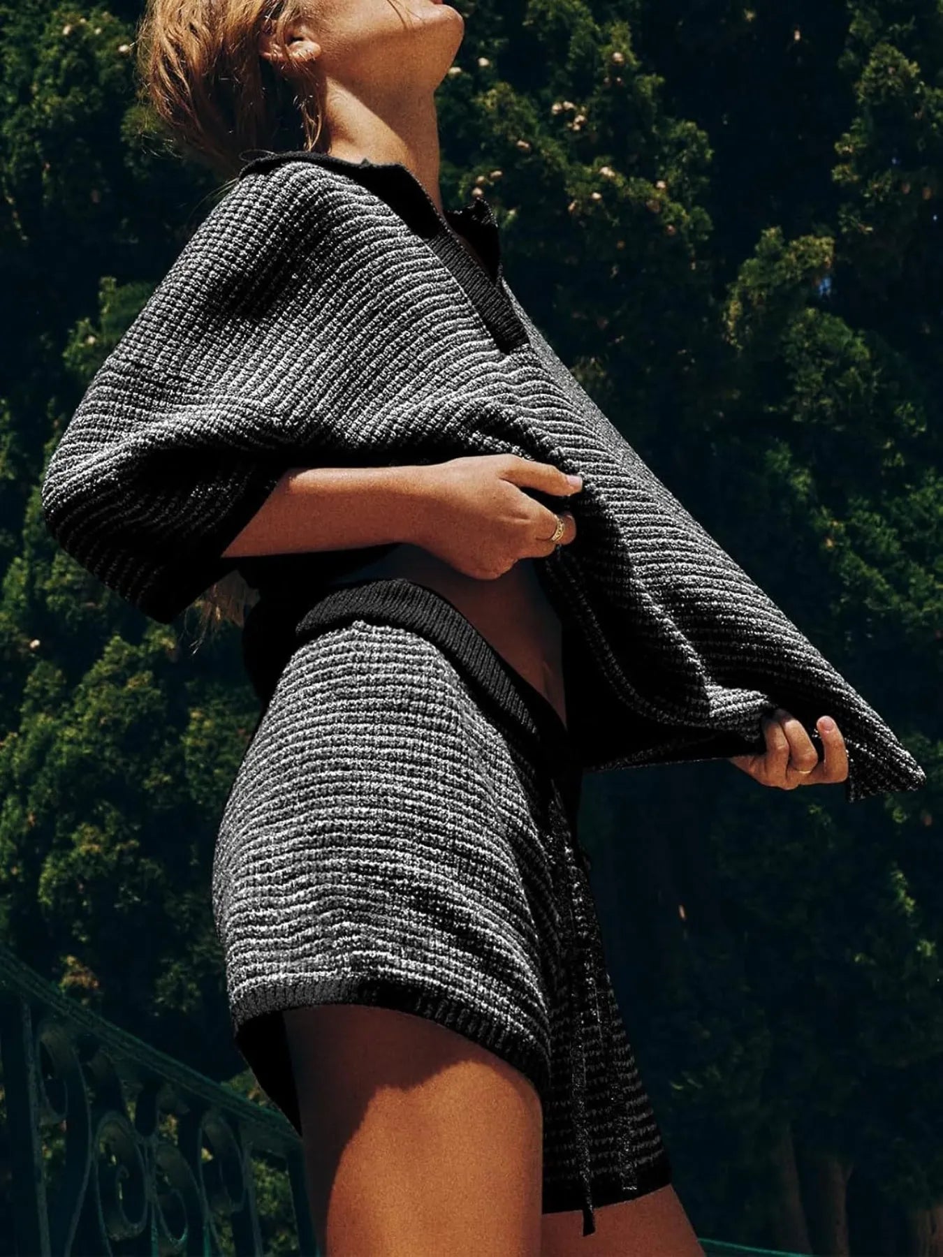 Sweater Set Women's Collared Neck Contrast Striped Top and Shorts 2 Pcs Black & Black 6ff38b64-e2c2-4353-a649-7c56243cbf15-Max-Origin Trendsi