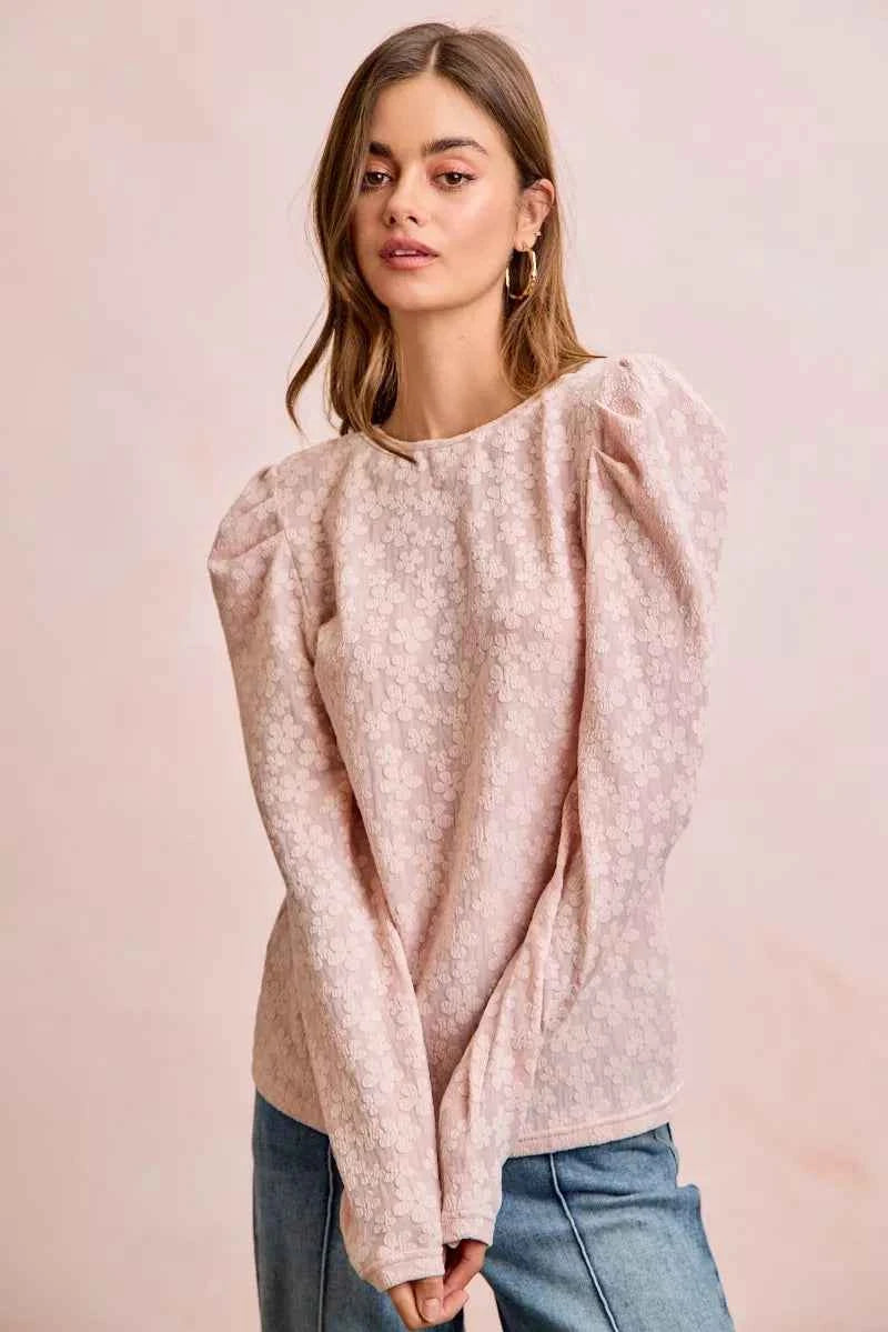 BiBi Women Blouse Textured Flower Knit Blush Pink Puff Shoulder Top Long Sleeve 6ff6ccf31bac493d826b80fd8de2fd77-Max-Origin Trendsi