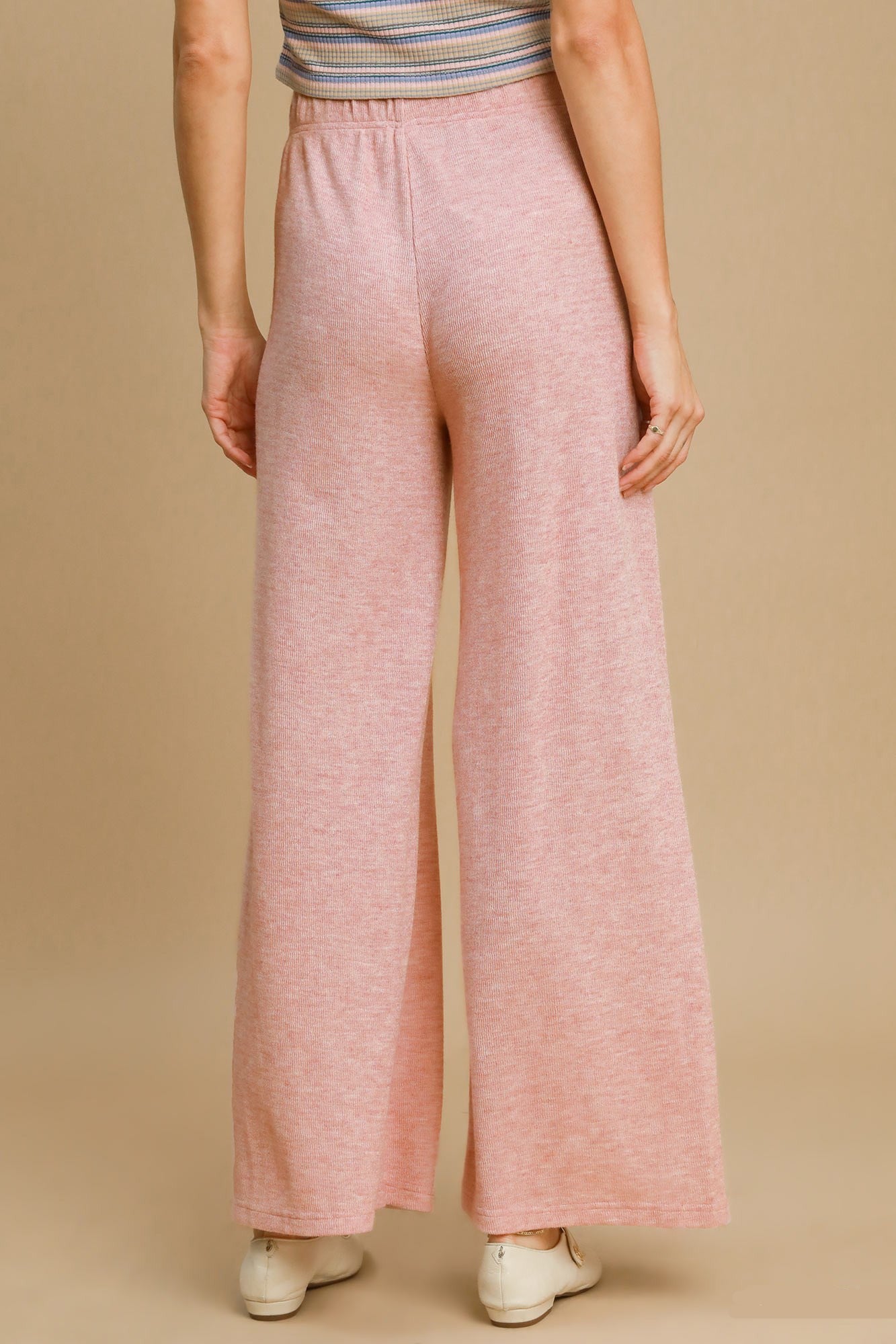 Umgee USA Women Knit Pants Pink Elastic Waist Wide Leg Trousers