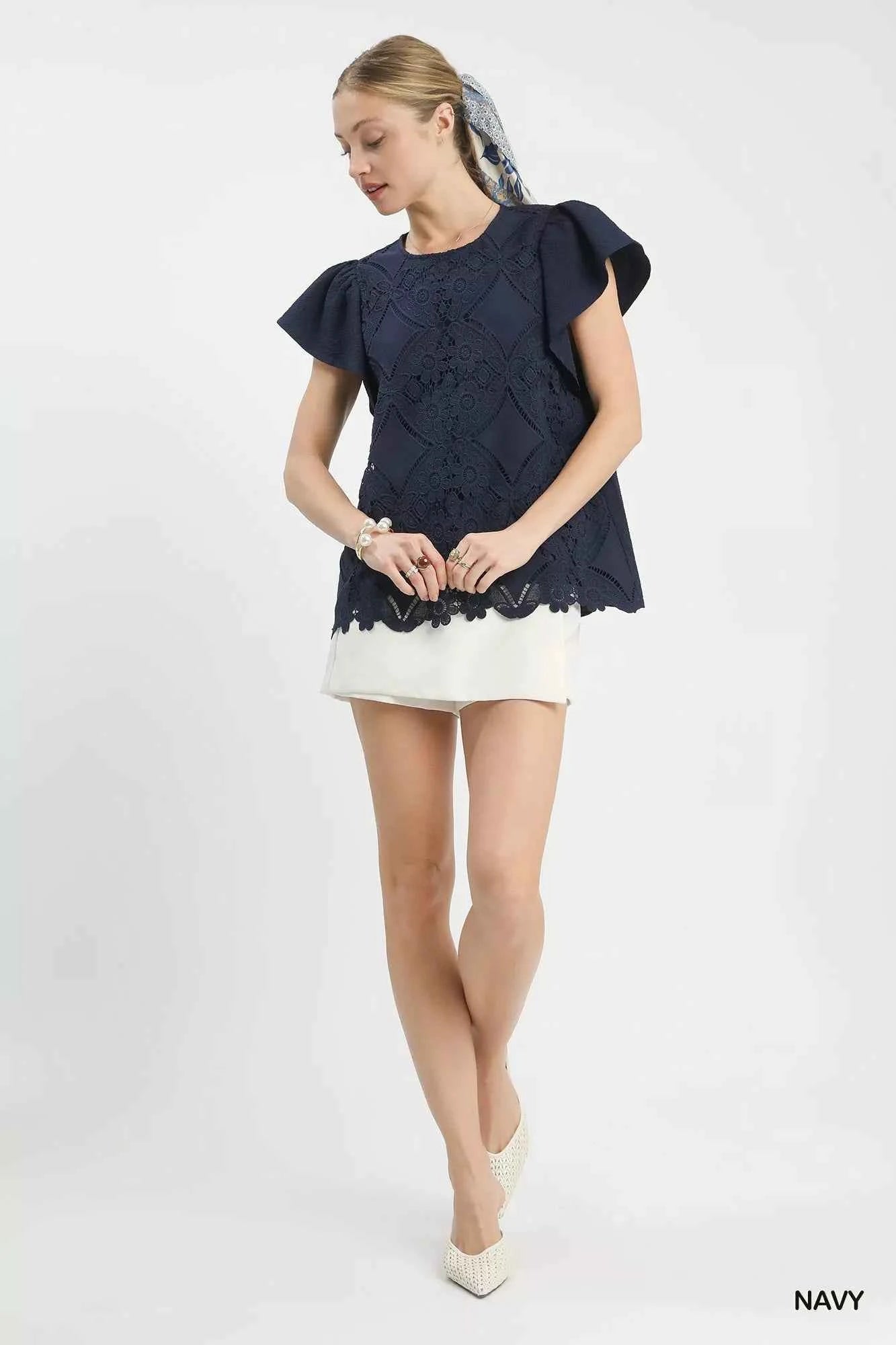 Umgee Blouse Floral Lace Navy Blue Overlay Flutter Short Sleeve Top 6fff40bf-af3c-4eed-b71a-d8771201cb21-Max-Origin Trendsi