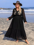 Plus Size Long Sleeve Dress with Embroidered Tie Neck