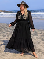 Plus Size Long Sleeve Dress with Embroidered Tie Neck