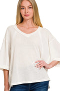 Zenana T-shirt Waffle Brushed Exposed-seam 3/4 Sleeve Off White Top OFF WHITE 70070c6c-638b-49b3-8e44-bf567d8e2e2a-Max-Origin Trendsi