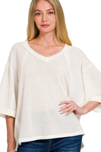 Zenana T-shirt Waffle Brushed Exposed-seam 3/4 Sleeve Off White Top OFF WHITE 70070c6c-638b-49b3-8e44-bf567d8e2e2a-Max-Origin Trendsi