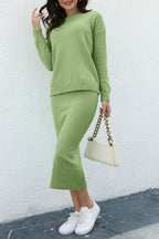 Women Sweater Set Round Neck Knit Top and Midi Skirt Basic Style 2 Pcs Gum Leaf One Size 70097afa-32e2-45ec-8268-d0d38bdfb9d4-Max Trendsi