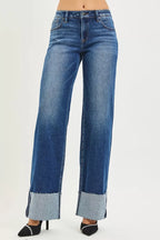RISEN Womens Wide Straight Jeans Mid Rise With Wide Cuff Dark Wash 700fbaa9abde4e74afb9def2587109f1-Max-Origin Trendsi