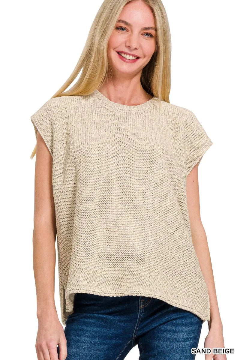 Zenana Sweater Vest Oversized Crew Neck Sand Beige Knit Pullover Short Sleeve 701039679cdf4035a68d52ab50b806c6-Max-Origin Trendsi