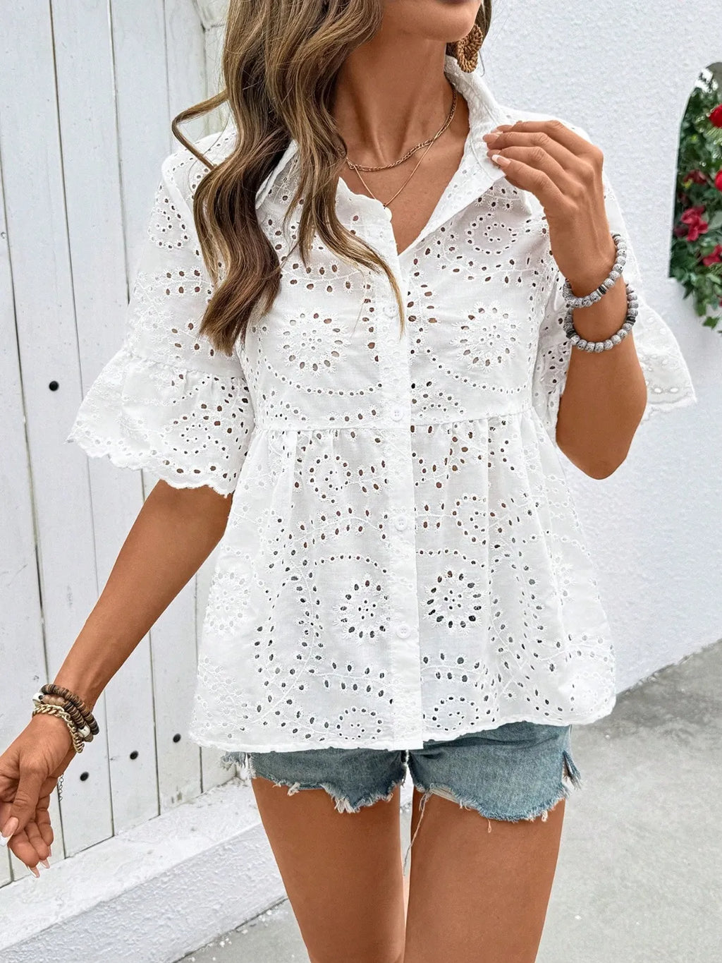 Lace Eyelet Women's Shirts Collared Neck Half Ruffle Sleeve Tops 7012075b-1690-47a0-b7e1-45cf645f86ec-Max-Origin Trendsi