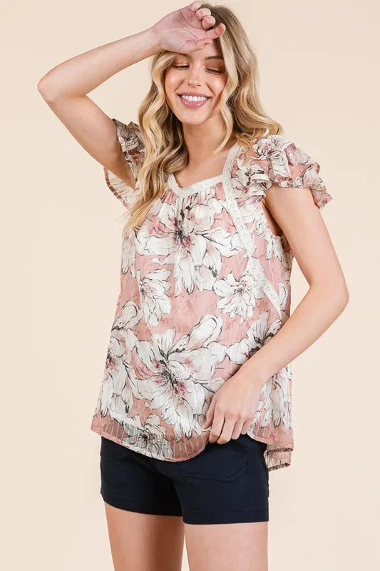 Lime 'N' Chili Blouse Pink Floral Print Lace Trim Puff Short Sleeve PINK 70126334d07244a6ad024856ae3850fc-Max-Origin Trendsi