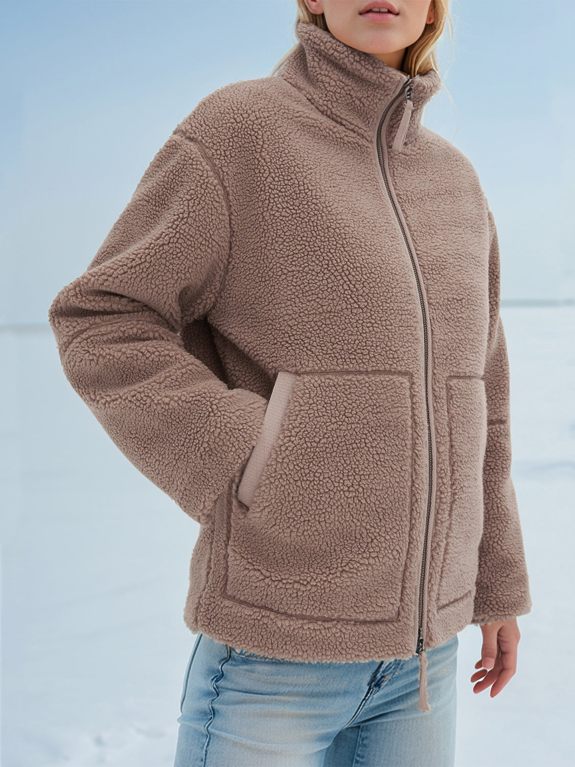 Turtleneck Plush Jacket Women Zip Up Long Sleeve Outer Double Pockets Coat Mocha 7018fc0e-91d2-4bda-ad1a-8507301bca2d-Max Trendsi